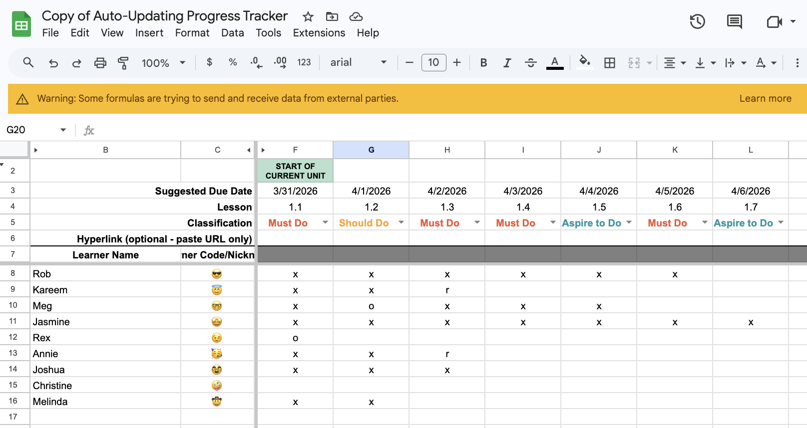 Google sheet image of the auto-updating tracker.