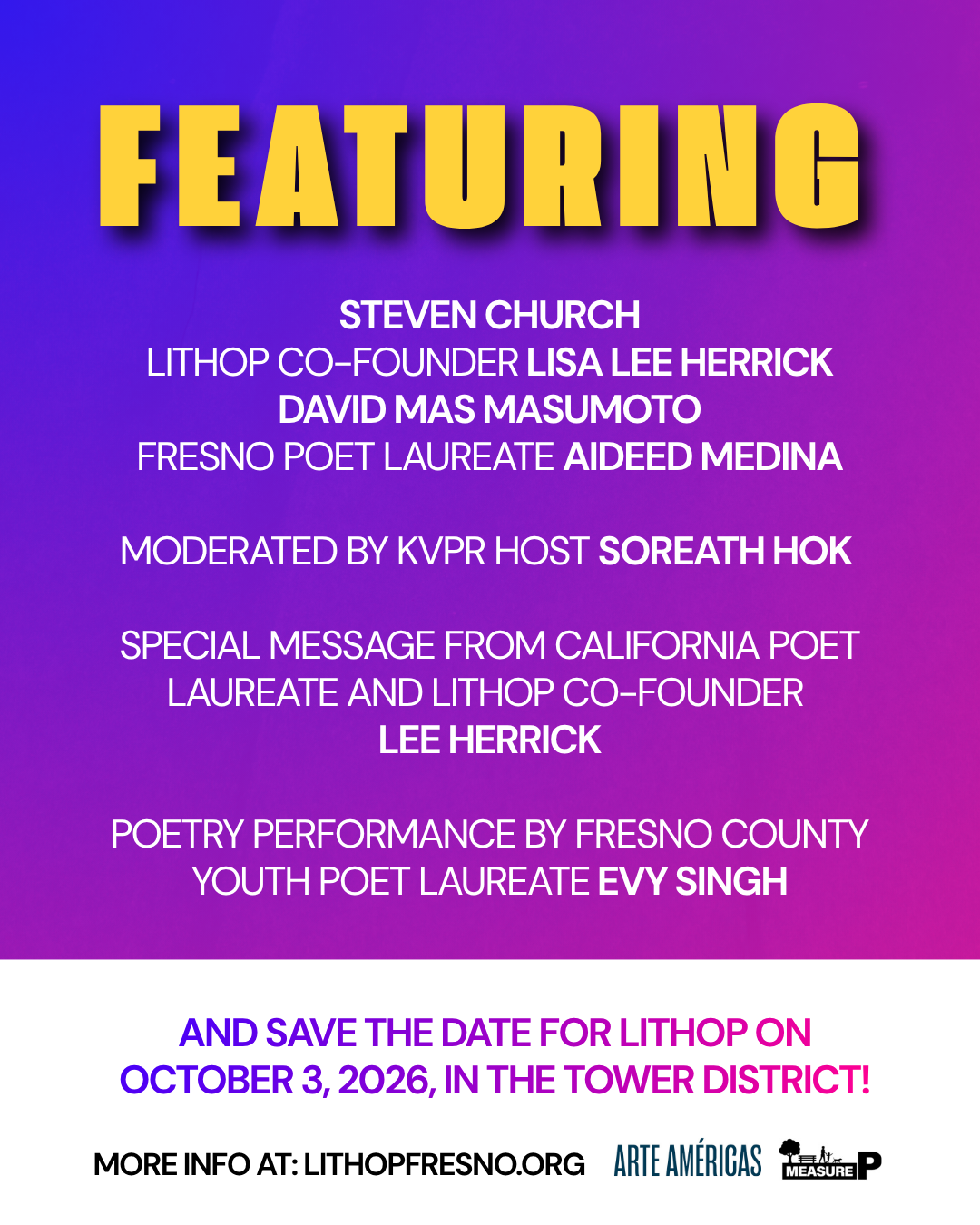 Celebrate 10 Years of LitHop with us on September 18, 2026, at Plaza Paz, located at Arte Americas in Downtown Fresno. Event starts at 5:30 PM and ends at 8:00 PM. Guests include LitHop co-founders Lisa and Lee Herrick, and more.