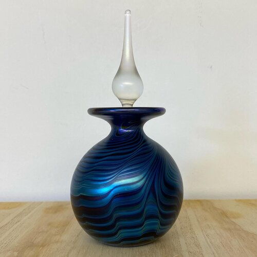 Vintage blown glass two handle vase etched ship design