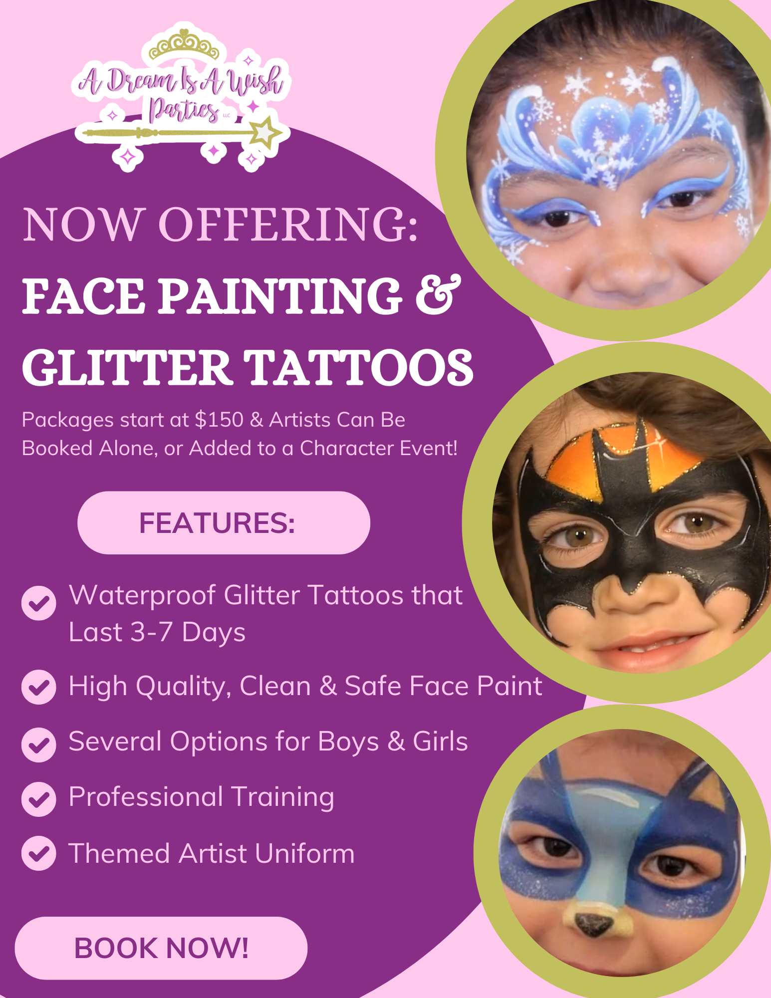 Face Painting and Glitter Tattoos for Parties and Corporate Events