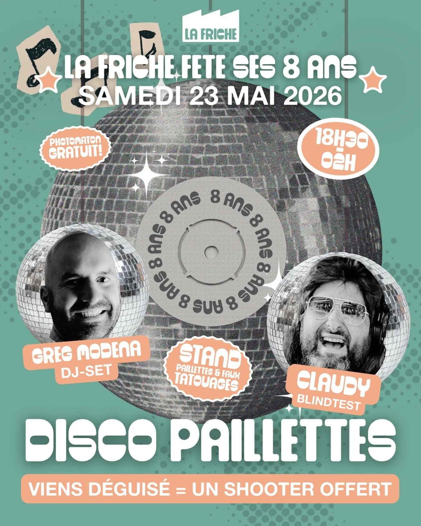// LES 8 ANS DE LA FRICHE AVEC GREG ET CLAUDY !! 🎂🎉 // 

🔥 Un rendez-vous pour f&ecirc;ter tous ensemble 🔥
Le samedi 23 mai 2026 &agrave; partir de 18h30, La Friche f&ecirc;te ses 8 ans avec Greg et Claudy pour vous servir : 

🫶 D&egrave;s 18h30