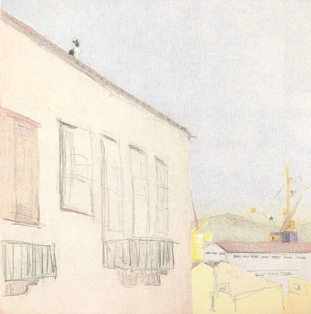 Soft, delicate drawing by Spiros Baras depicting a pale building with a small cat on the roof, overlooking a harbor with a yellow crane, featured at Plastico Gallery.