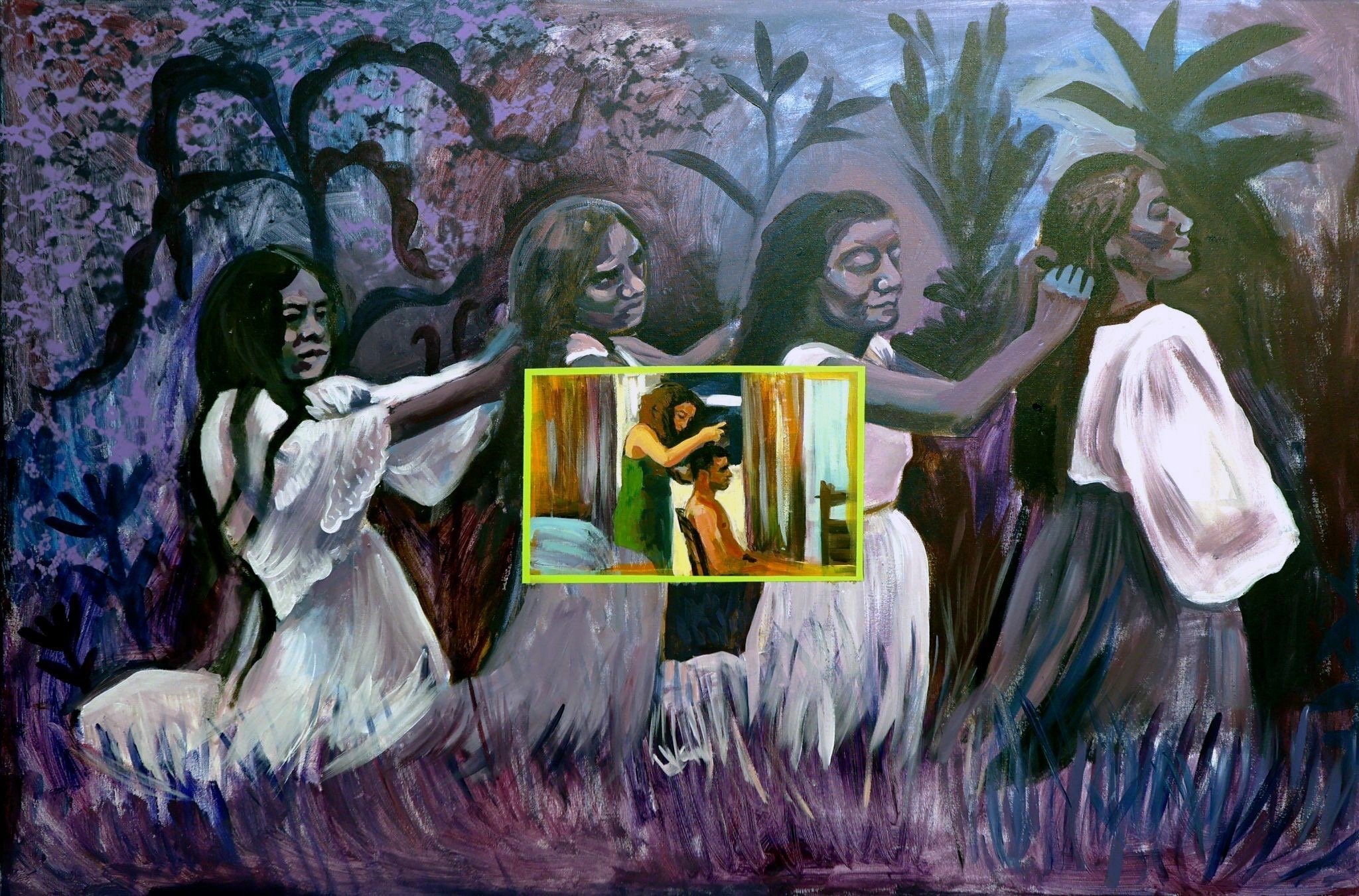 Surreal contemporary painting by Agni Roussou featuring ethereal women in a dark purple forest, with an inset scene of a haircut, on display at Plastico Gallery.