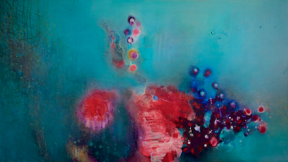 Vibrant abstract painting by Anna Maria Papadimitriou featuring bold red, pink, and dark purple clusters floating on a rich teal background, exhibited at Plastico Gallery.