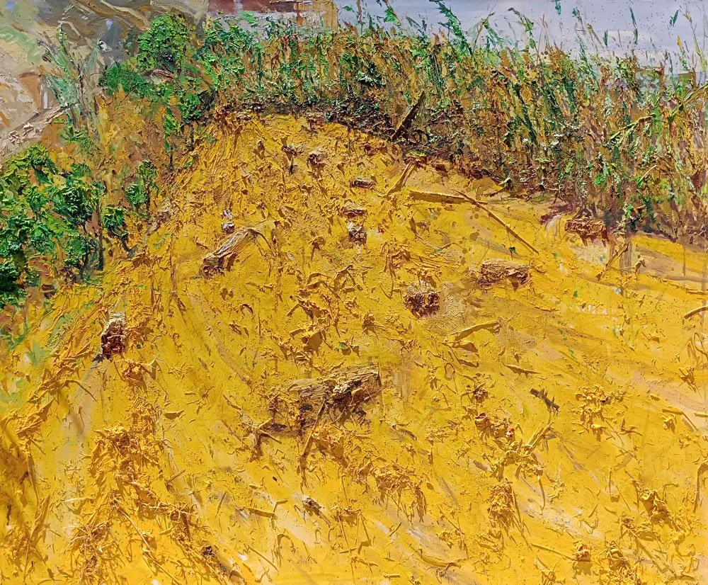 Heavily textured impasto painting by Vasillis Kavouridis showing a vibrant, thick yellow field giving way to green foliage at the top, an artwork at Plastico Gallery.