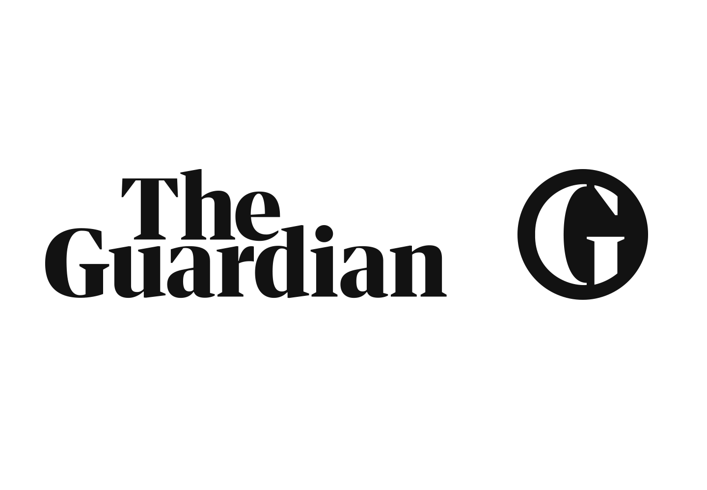 Black and white logo with the words "The Guardian" and a black circle containing a white G