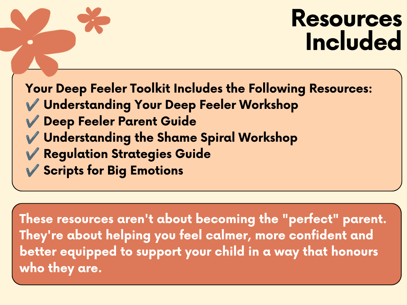 An informational graphic with a beige background and floral design, titled 'Resources Included.' It lists five resources related to supporting children with deep feelings: understanding a workshop, a parent guide, understanding shame, regulation strategies, and scripts for big emotions. A note at the bottom emphasizes these resources are about helping children feel calmer, more confident, and better supported.