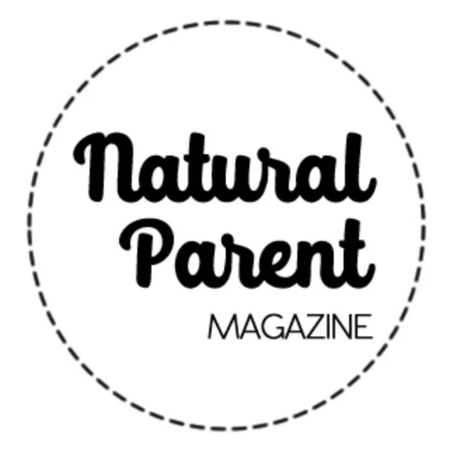 Logo for Natural Parent Magazine with black text inside a dashed circle