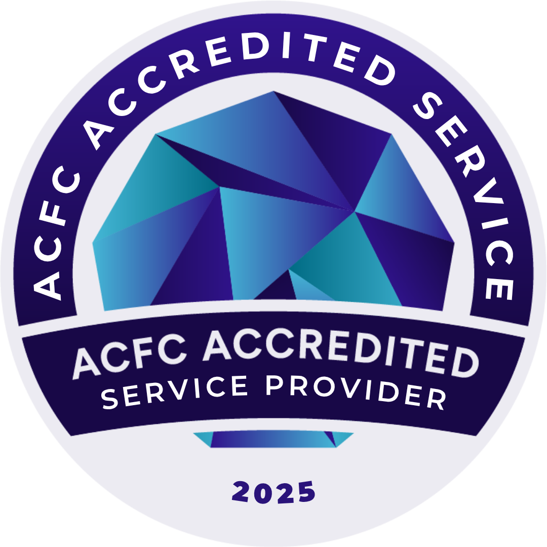 A circular badge with a geometric blue graphic in the center. The text around the edge reads 'ACFC Accredited Service Provider' and the badge is dated 2025.