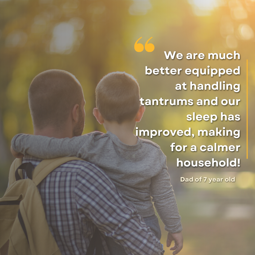 A father holding his young son outdoors during the daytime, with a blurred background of trees, and a quote about handling tantrums and improving sleep.