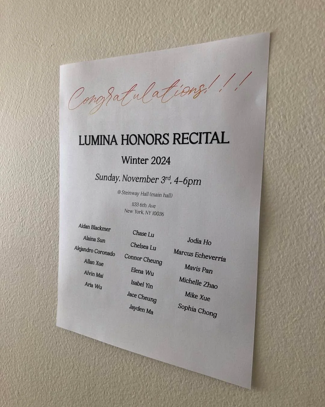 Congratulations to our students who will be attending our Winter Honors Recital at Steinway Hall on Sunday!  All of your hard work this semester is paying off! 👏🎉