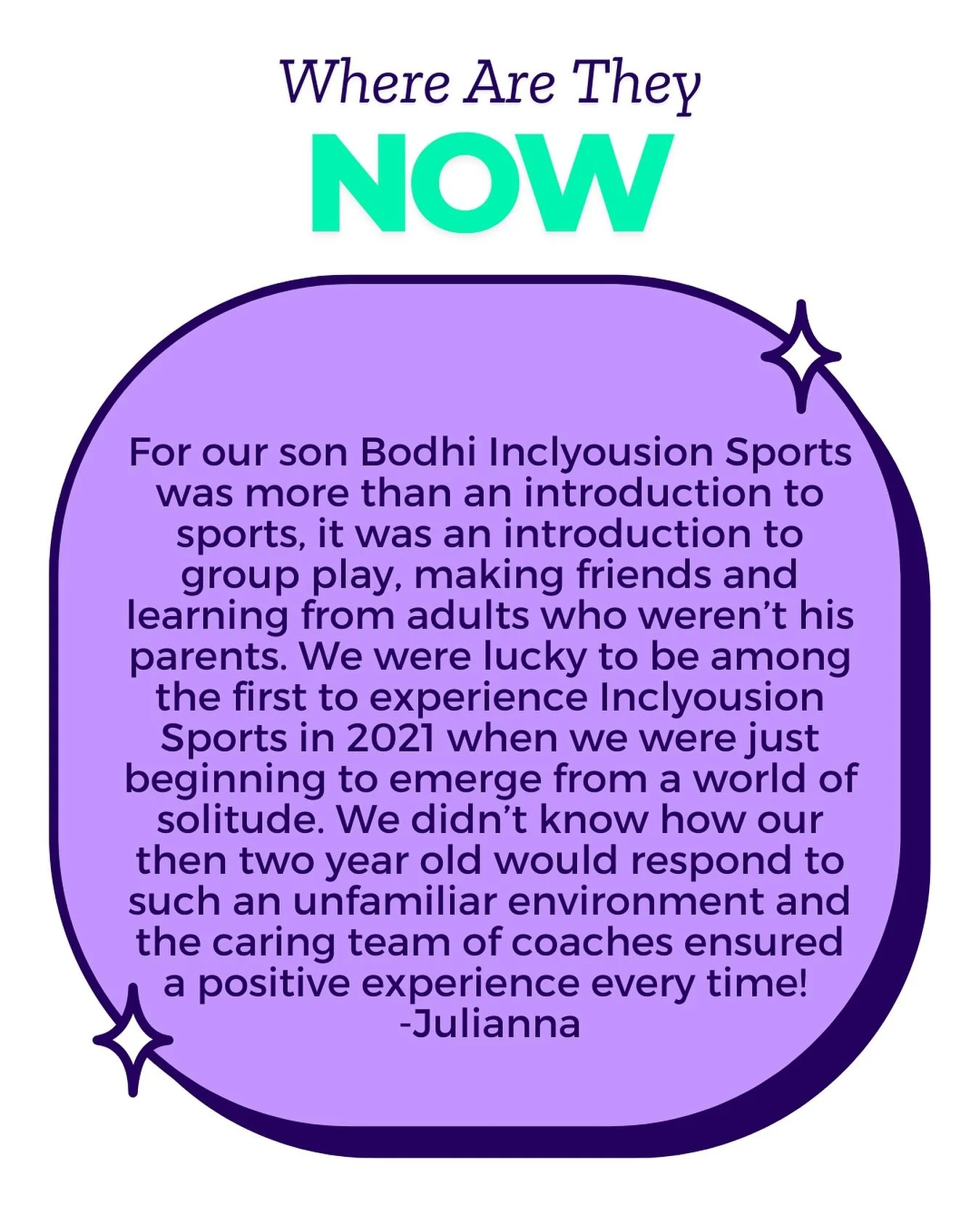 Happy Inclyousion Sports anniversary month!

Take a walk down memory lane with us as families who have enjoyed Inclyousion Sports classes over the last four years share how their experience has impacted their child&rsquo;s life now.

Want to share yo