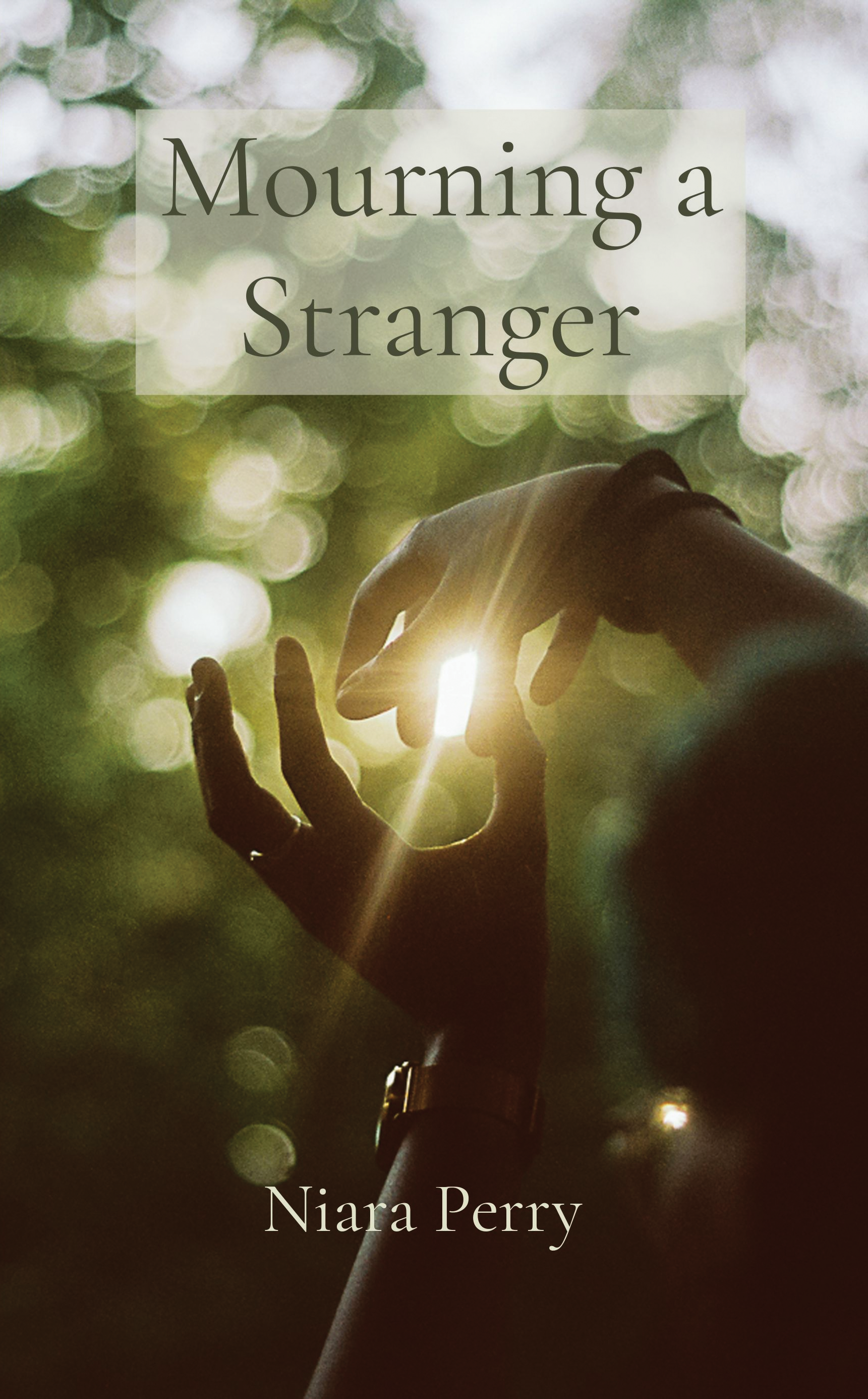 Hands cup around the sun peaking through blurred trees in the background. Reads "Mourning a Stranger" at the top and "Niara Perry" along the bottom.