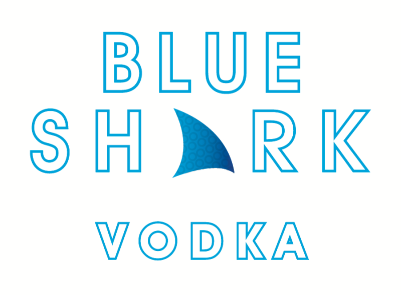 Logo for Blue Shark Vodka with the words Blue Shark Vodka and a stylized shark fin in the center.