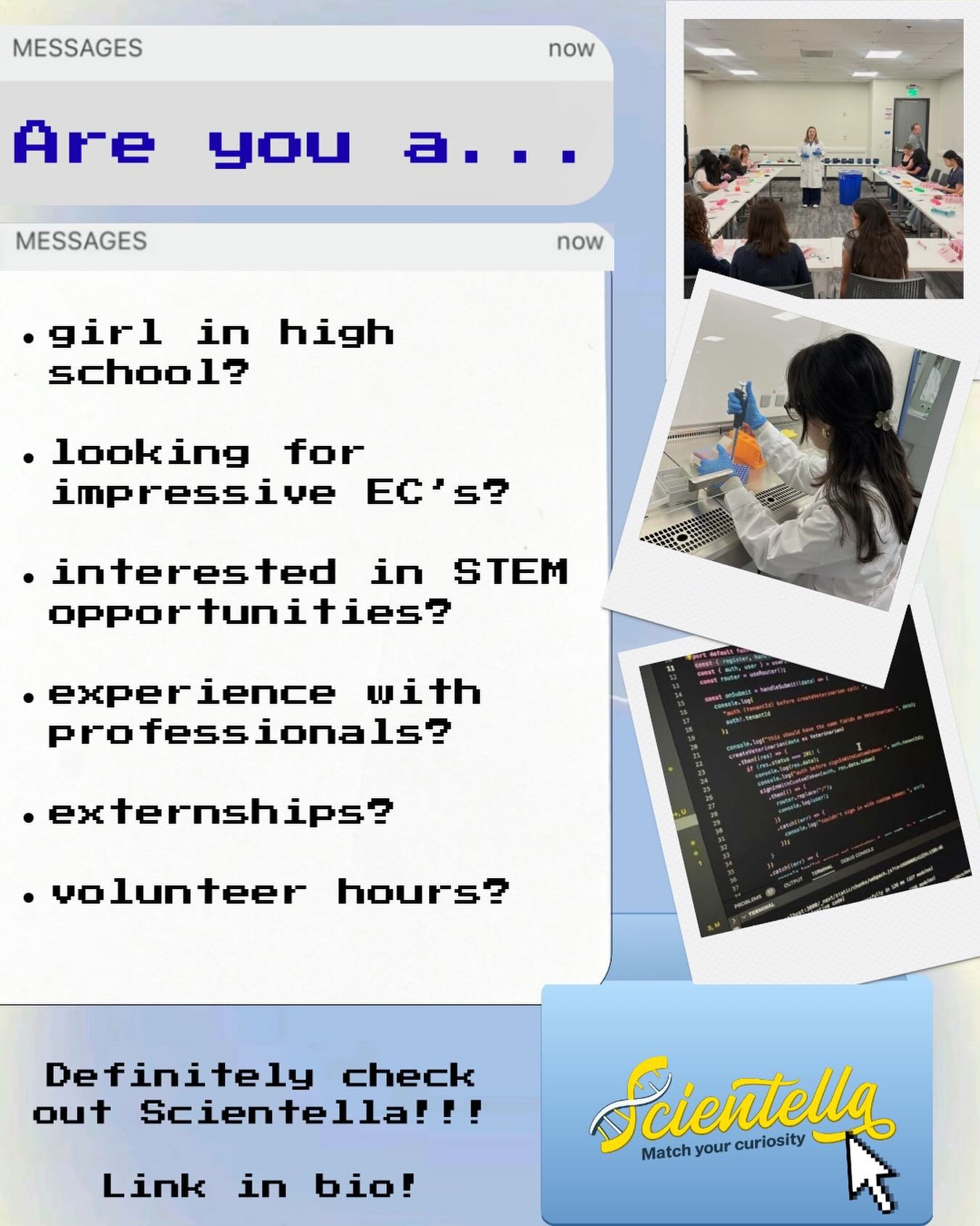 Looking to stand out on college apps while building real-world STEM experience? 🧬🔬

Take your first step into a career in STEM!

🔗Link in bio!
#womeninstem #scientella #highschool #volunteerhours #science