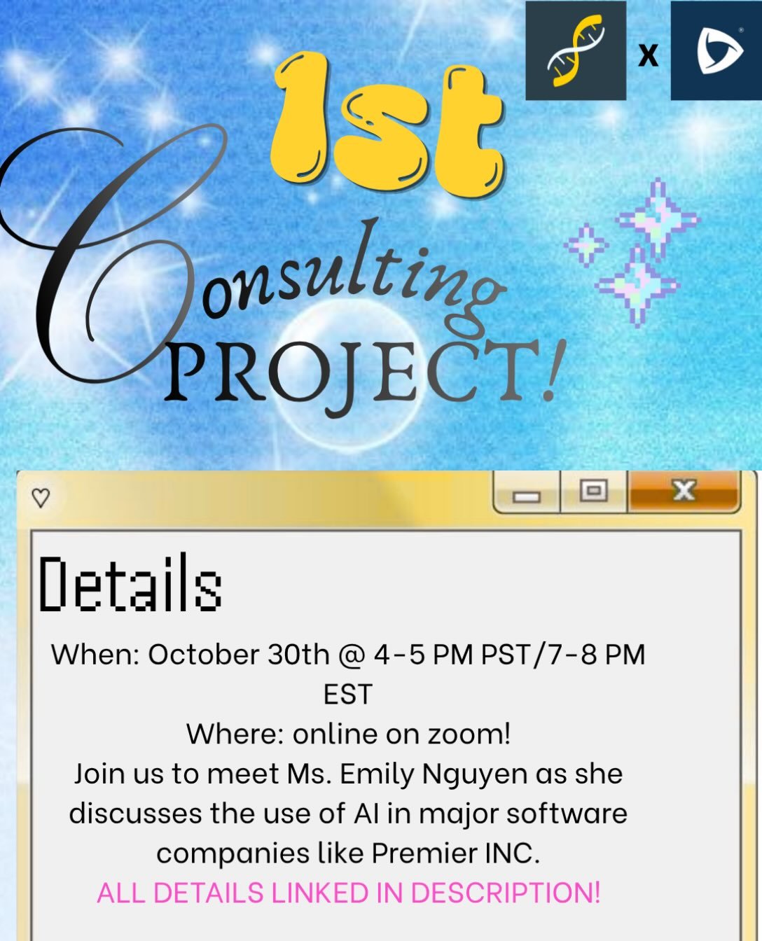 Hi Scientella Community!! 

Heads up that our first consulting project is coming up 💻🔬!!

Join us on October 30th at 4pm PST /7pm EST to hear from Ms. Emily Nguyen at Premier Inc. as she discusses her experience with AI in the software field. 

Goo
