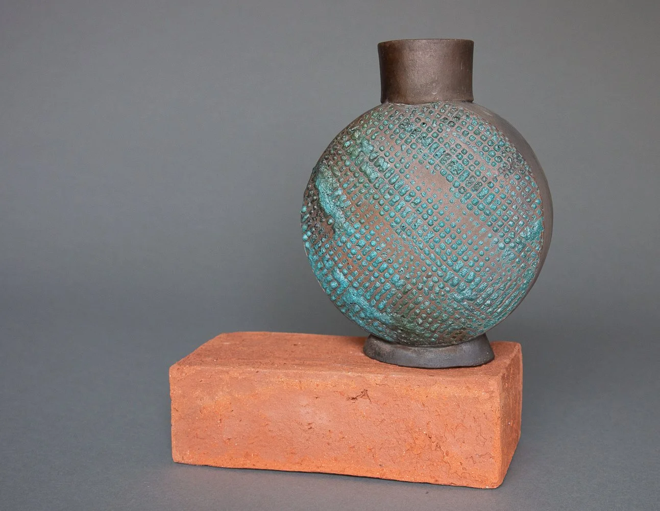 "Waffle Vase w/brick", raku, earthenware, 8 x 6 x 4" (vase only), 2023