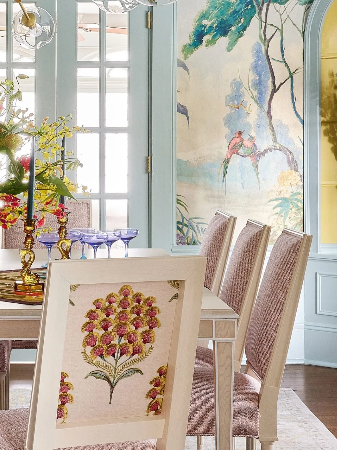 Business in the front, party in the back.

I love upholstered chair backs. It&rsquo;s such a playful way to sneak in another layer of pattern and color, and it gives the room a little extra personality from every angle. It&rsquo;s the unexpected surp