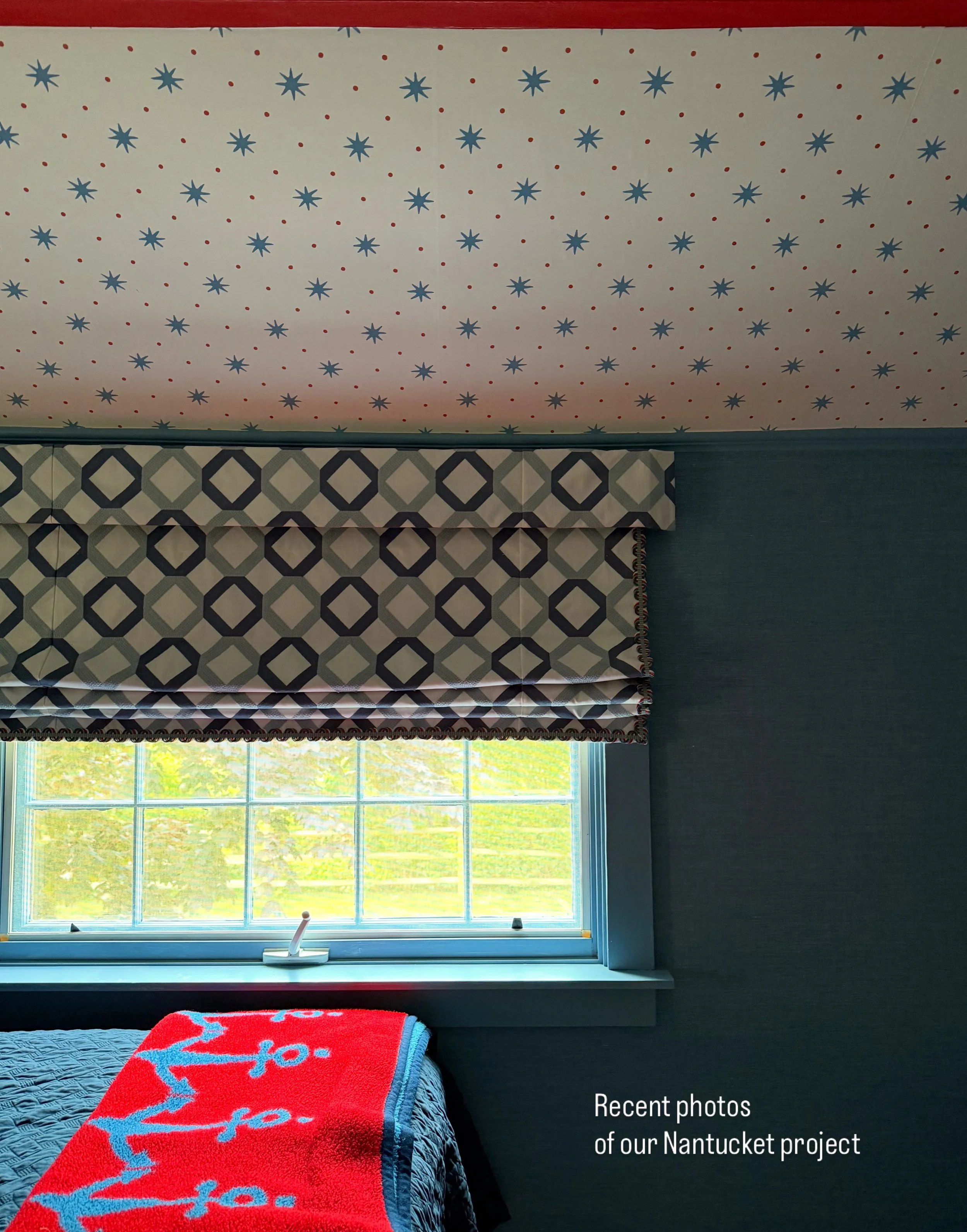 A few snaps of our Nantucket project. These kids&rsquo; rooms and bathroom were a fun way to add a splash of summer. Stars on the ceiling, denim blue (vinyl) wall covering for the boys&rsquo; room, and a pop of red for the trim. In the girls&rsquo; r