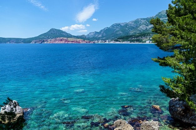Seascape on a sunny day Beautiful sea landscapes mountains  and nature in Montenegro