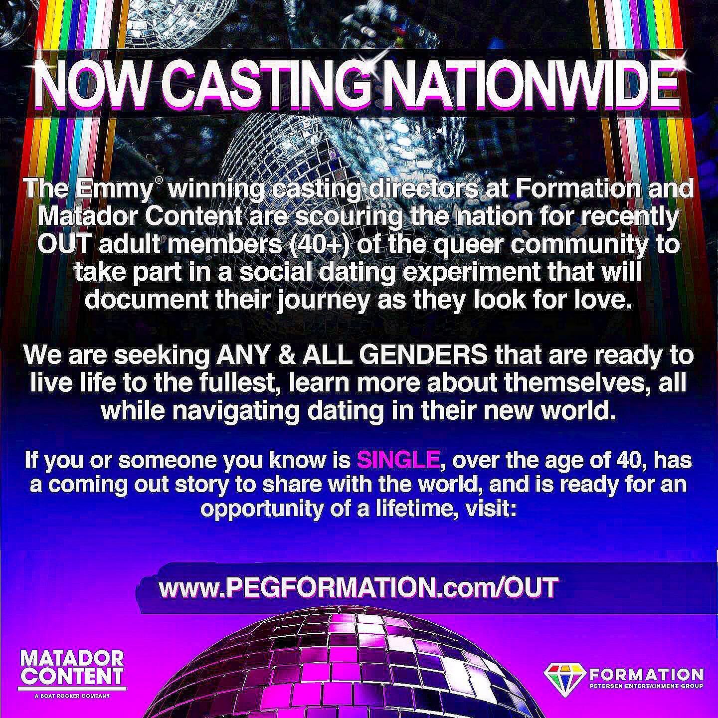 🏳️&zwj;🌈💎🏳️&zwj;⚧️💎🇺🇸
🚨 NEW CASTING 🚨 

NATIONWIDE CASTING FOR THE QUEER COMMUNITY (40+)

👇🪩👇🕺👇💃👇
www. PEGFormation.com/out

#Formation #PetersenEntertainmentGroup