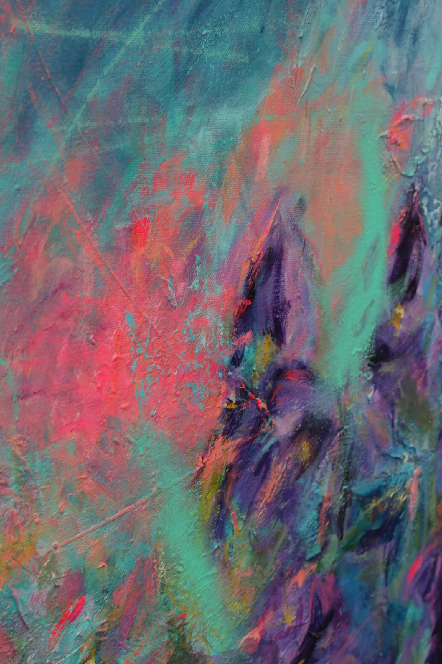 Detail of Neon Dusk by Rachel Parker Soden, abstract expressionist floral painting in blues, purples and greens, with neon pink.