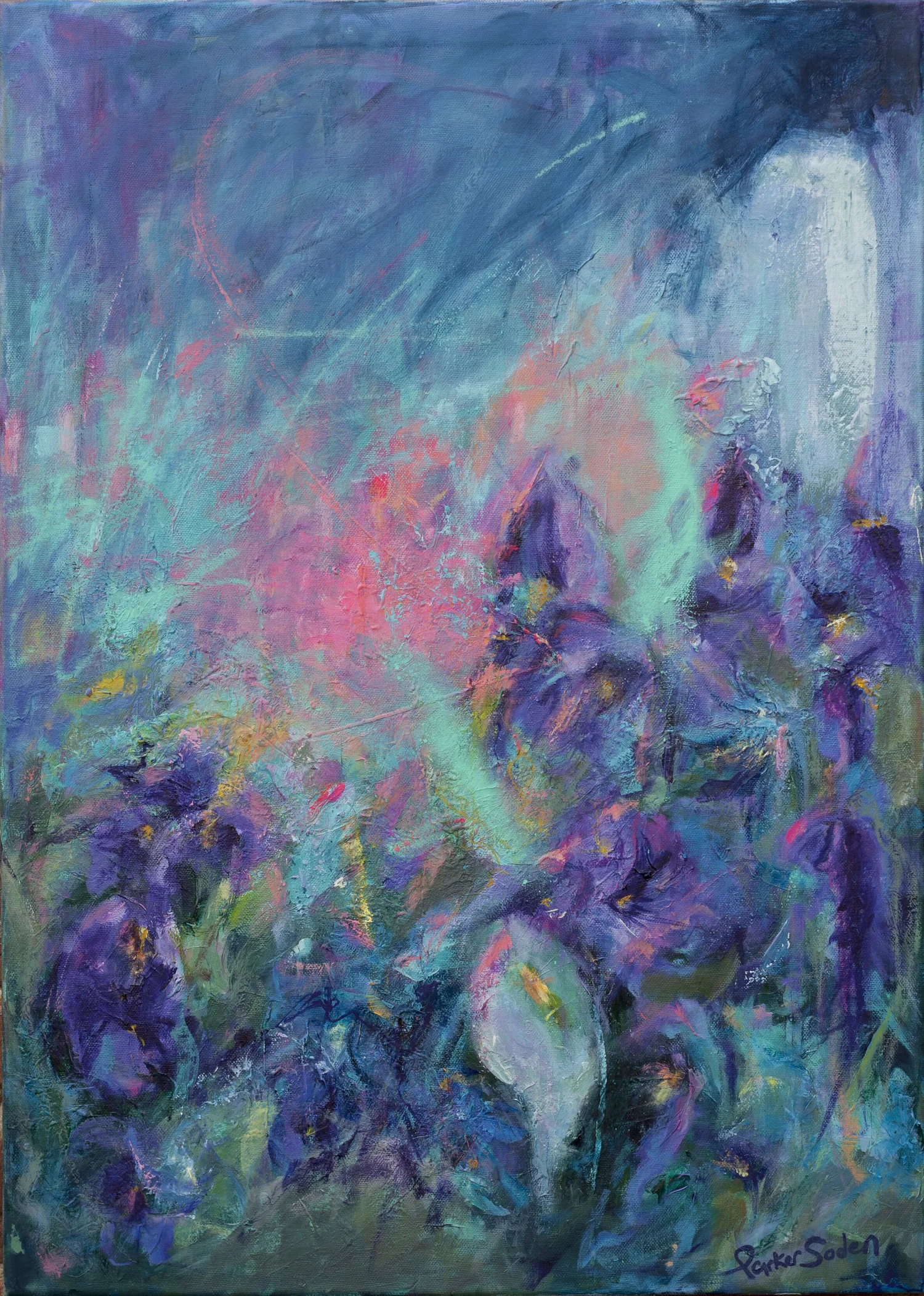 Neon Dusk by Rachel Parker Soden, abstract expressionist floral painting in blues, purples and greens, with neon pink.