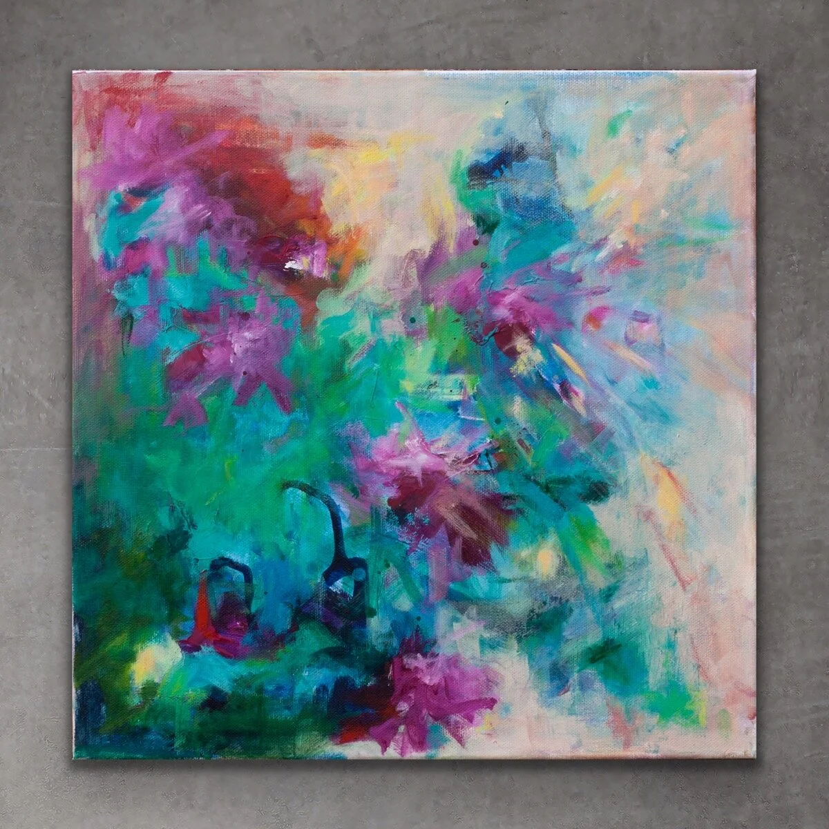Summer Calling by Rachel Parker Soden 40x40cm brightly coloured abstract painting by Rachel Parker Soden.