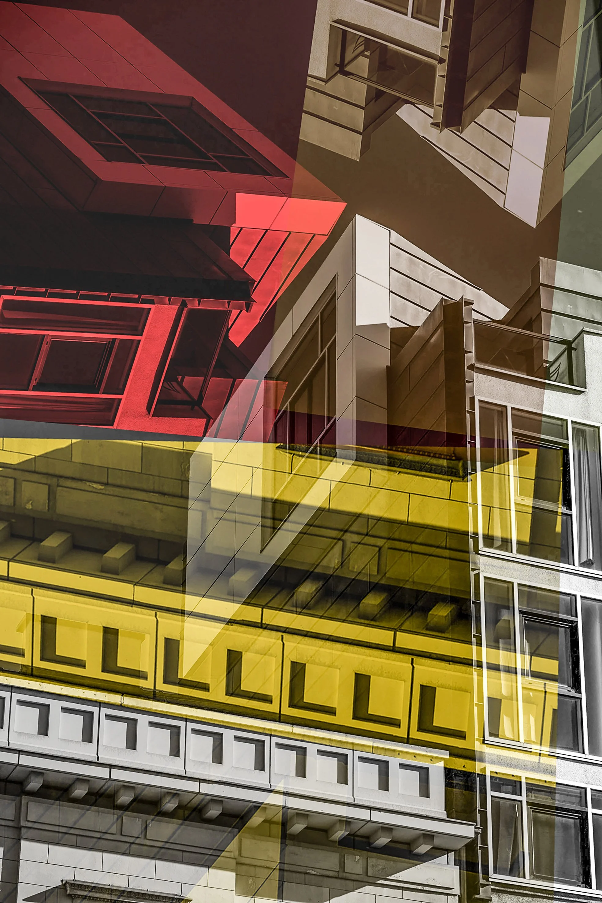 Lars Wiedemann, Fragmente Berlin (2022), DIE GALERIE – vielschichtige Fotocollage, die urbane Architekturstrukturen aufbricht und grafisch-abstrahiert neu zusammensetzt.