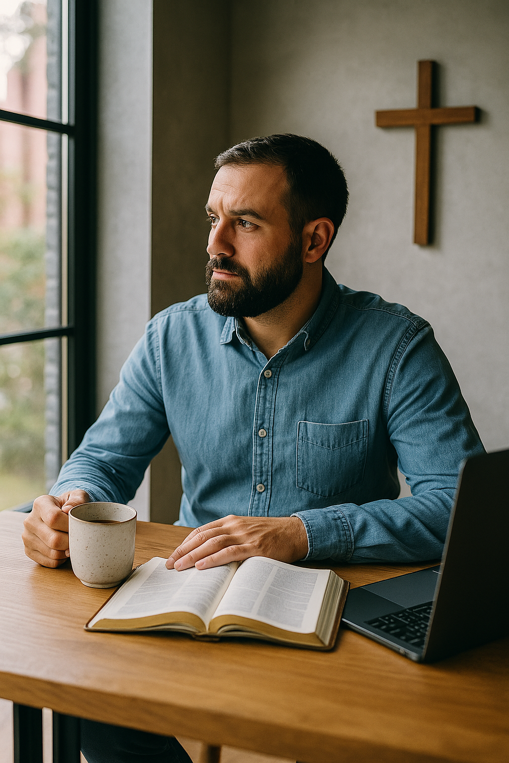 A man sitting at a wooden table in a room with a window and a wooden cross on the wall, holding a mug and reading a book with a laptop nearby.