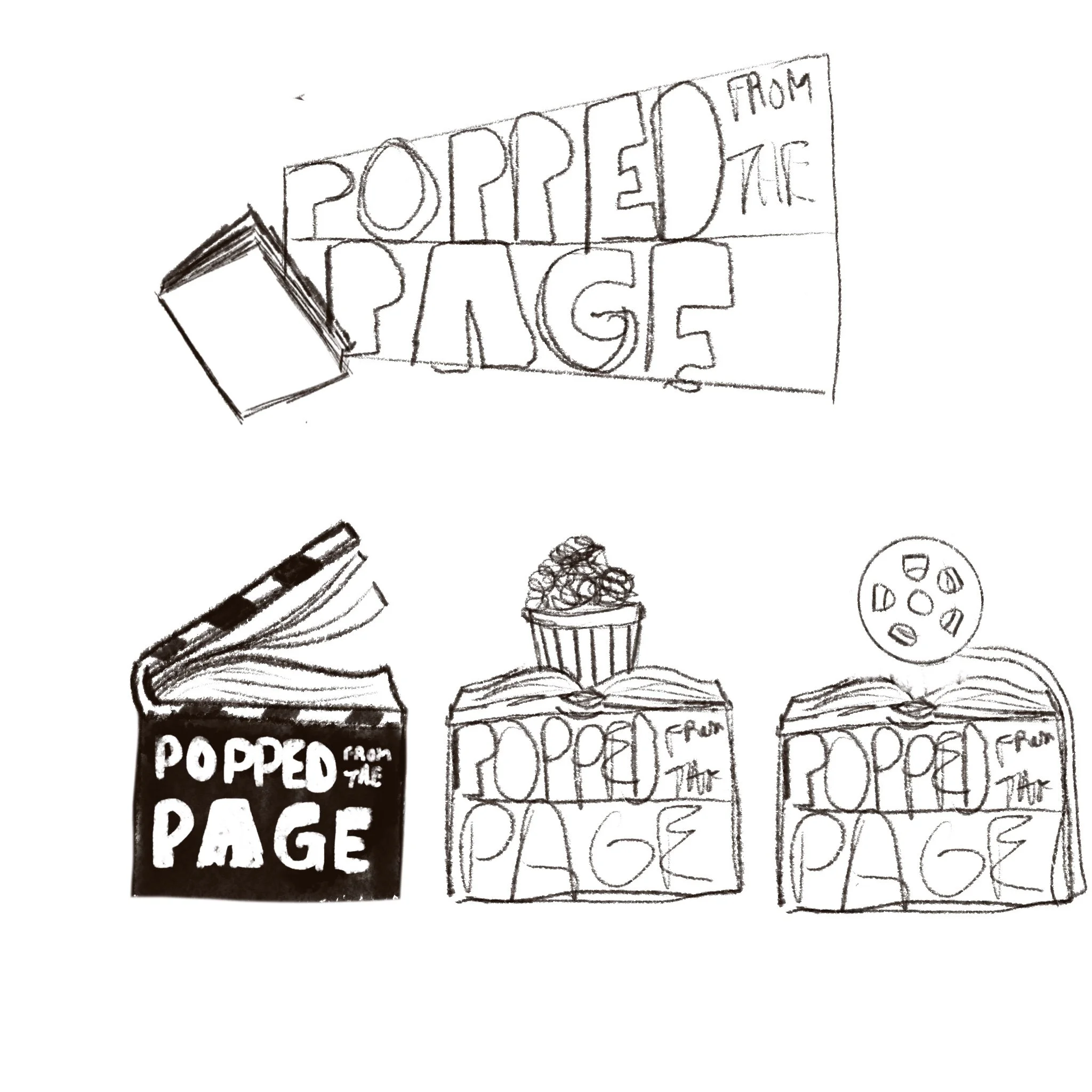 First concepts and sketches for the logo. This is a movie event based on books, so including elements from both was requested.