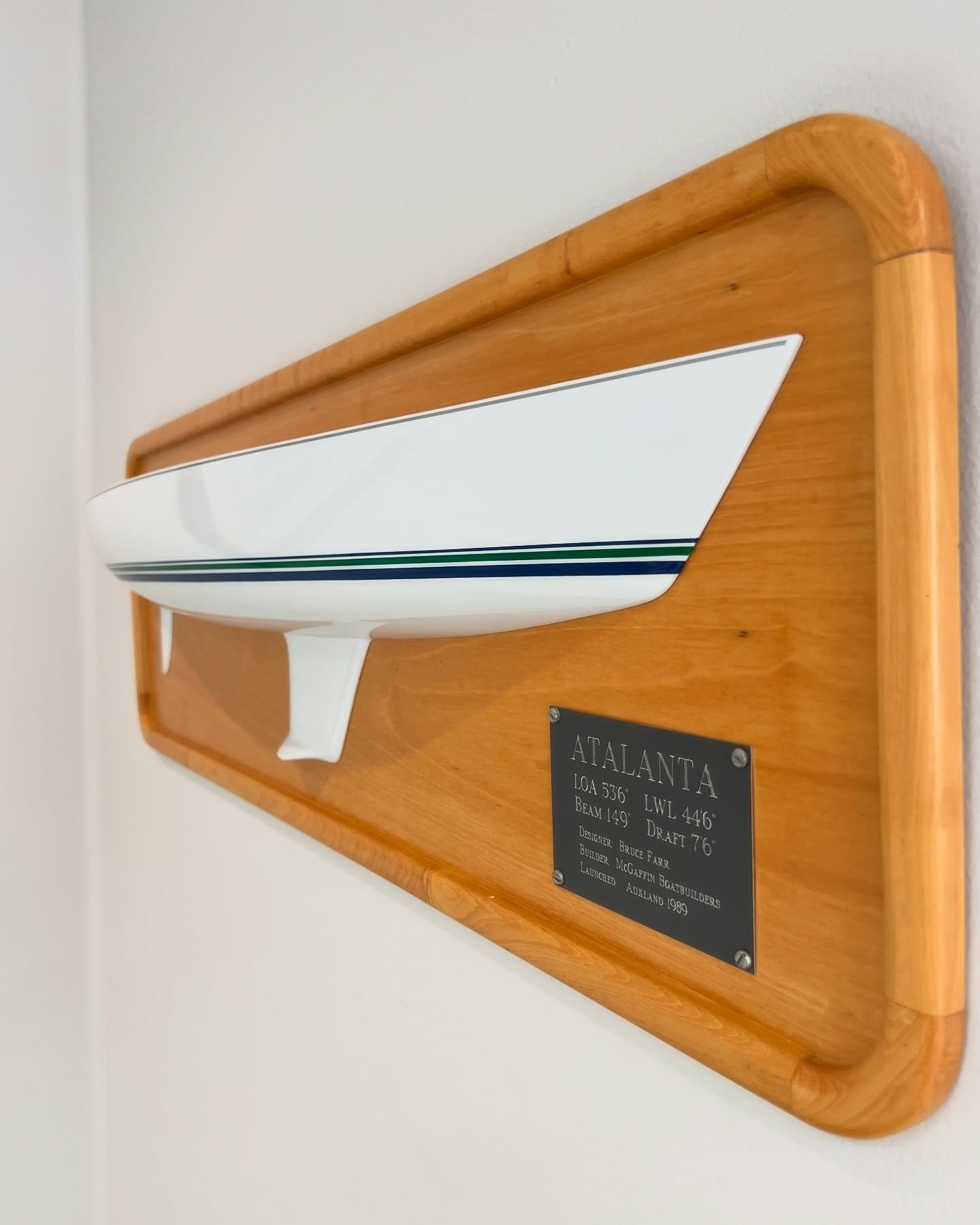 Half model of Atalanta made by boatbuilder Robbie McGaffin in New Zealand in 1989. Design 156 from Farr Yacht Design, Atalanta was originally commissioned by Bill Gillen and sailed widely in the Pacific and Atlantic oceans before being sold. He saw t