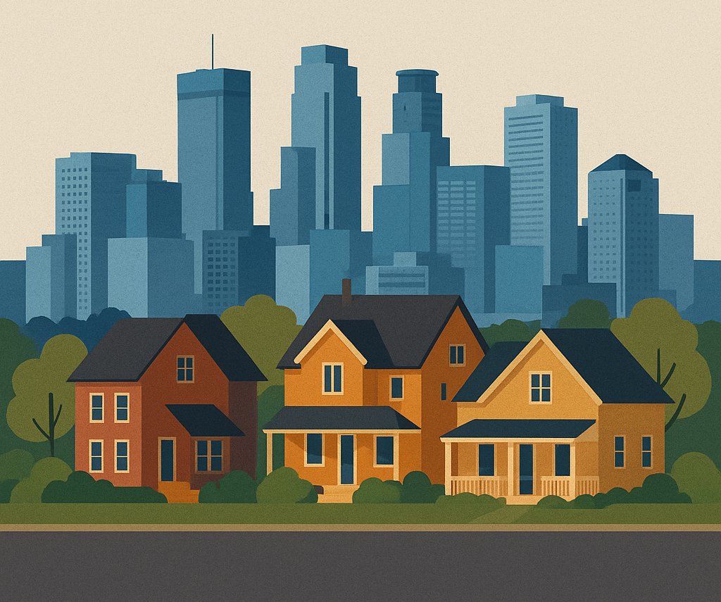 single family homes and skyline of Minneapolis