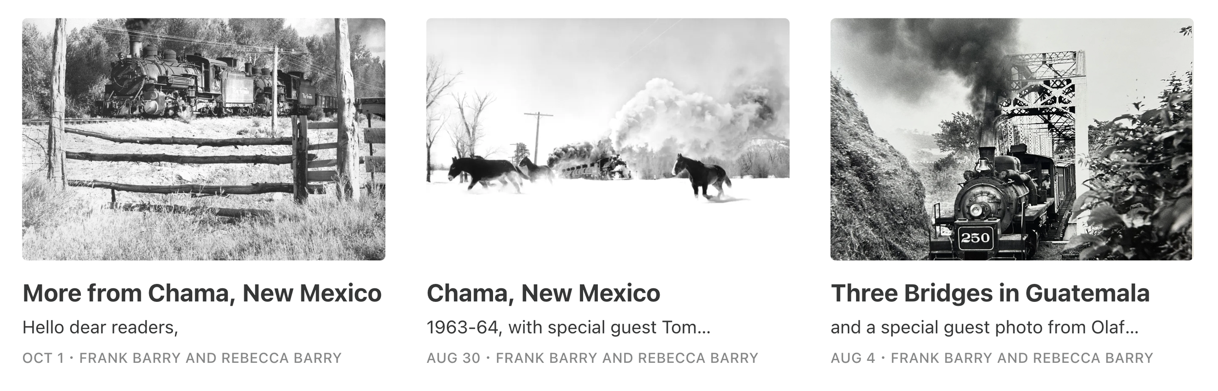 Three black-and-white vintage photographs of trains and related scenes, with captions about travels in New Mexico and Guatemala.