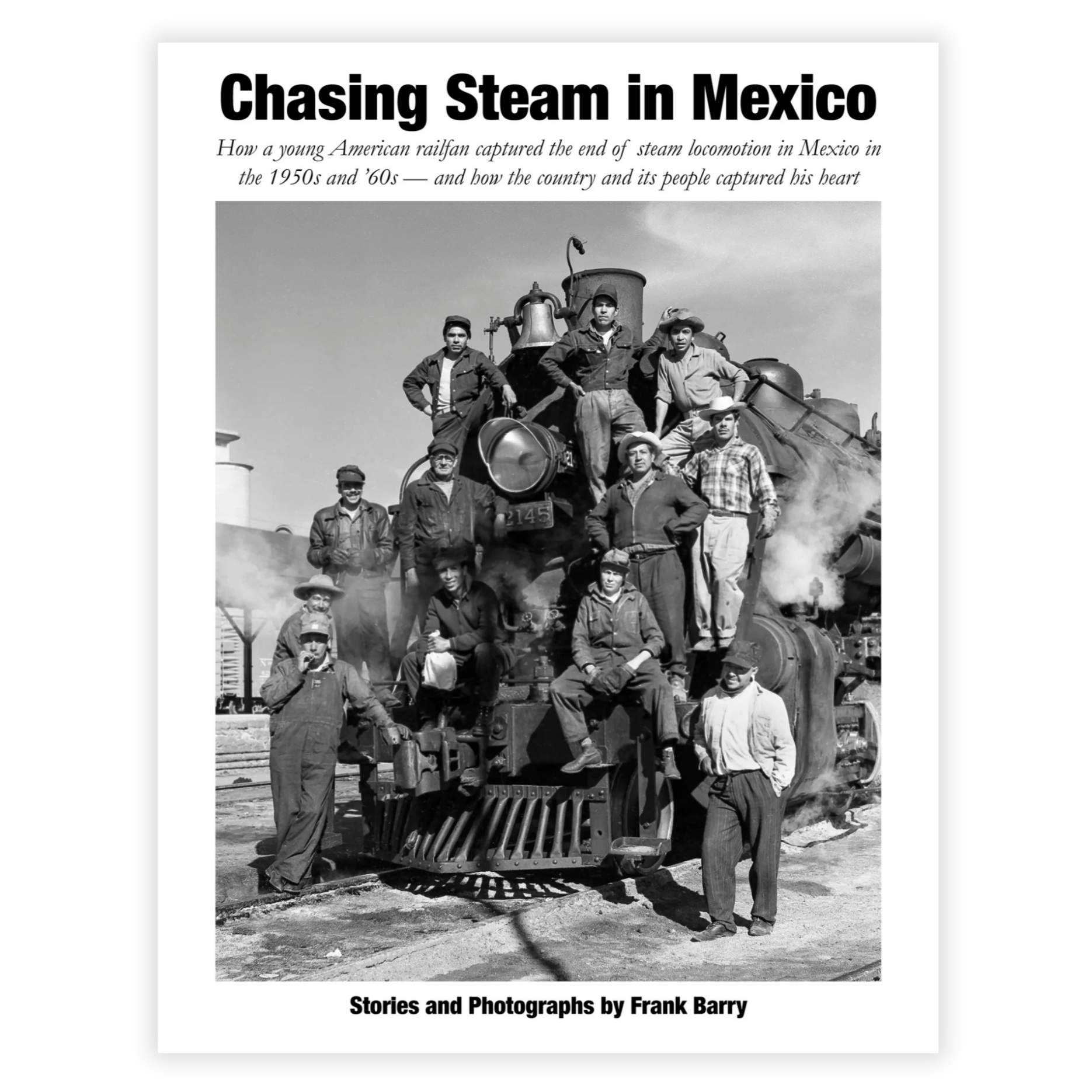 Black and white photograph of a vintage steam train with several men standing around and on the train.