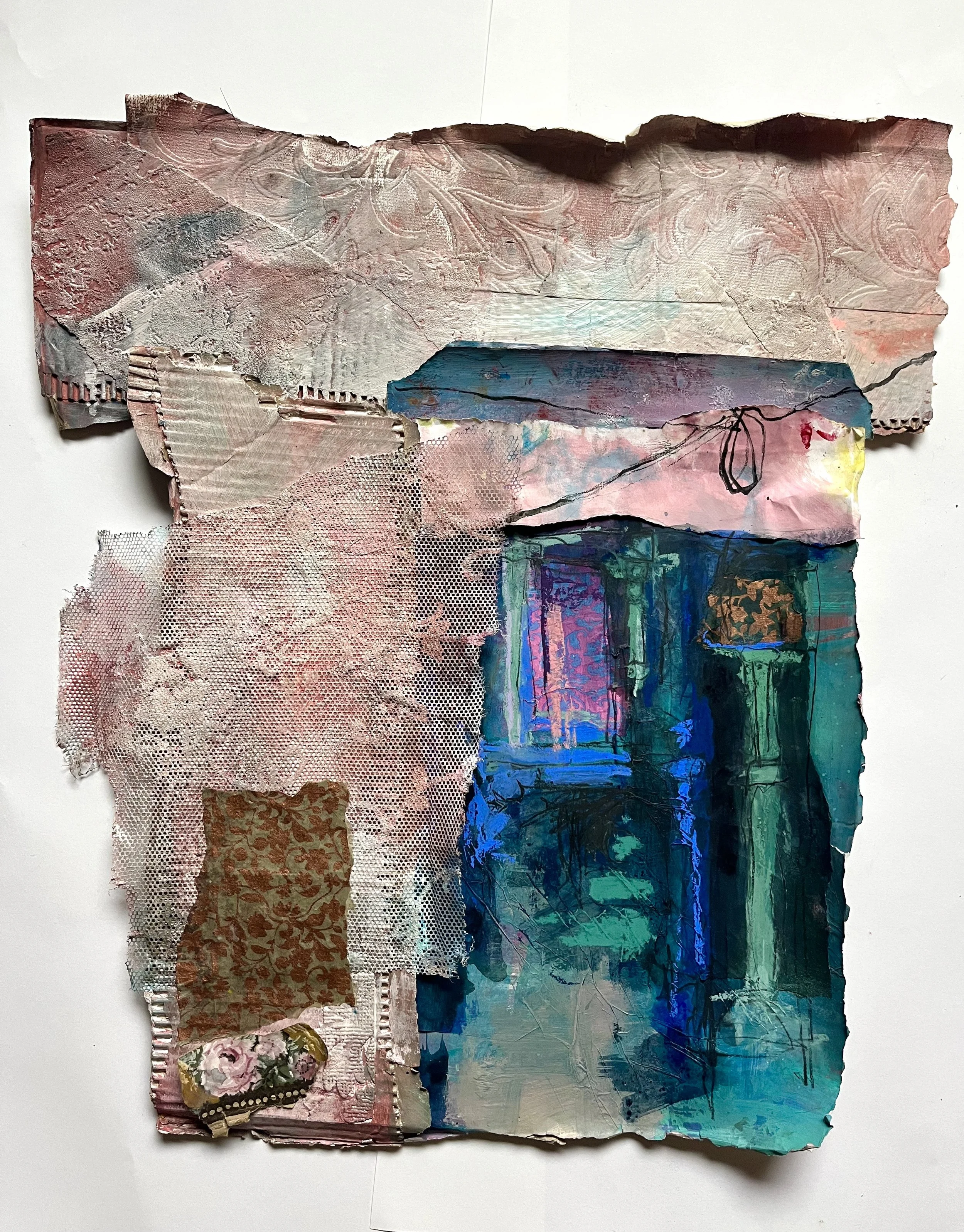 
   A Lingering Glance 
 Mixed media fabric, collage, inks, dyes, & Acrylic. 68 x 62 cm Framed box frame 
     £800 