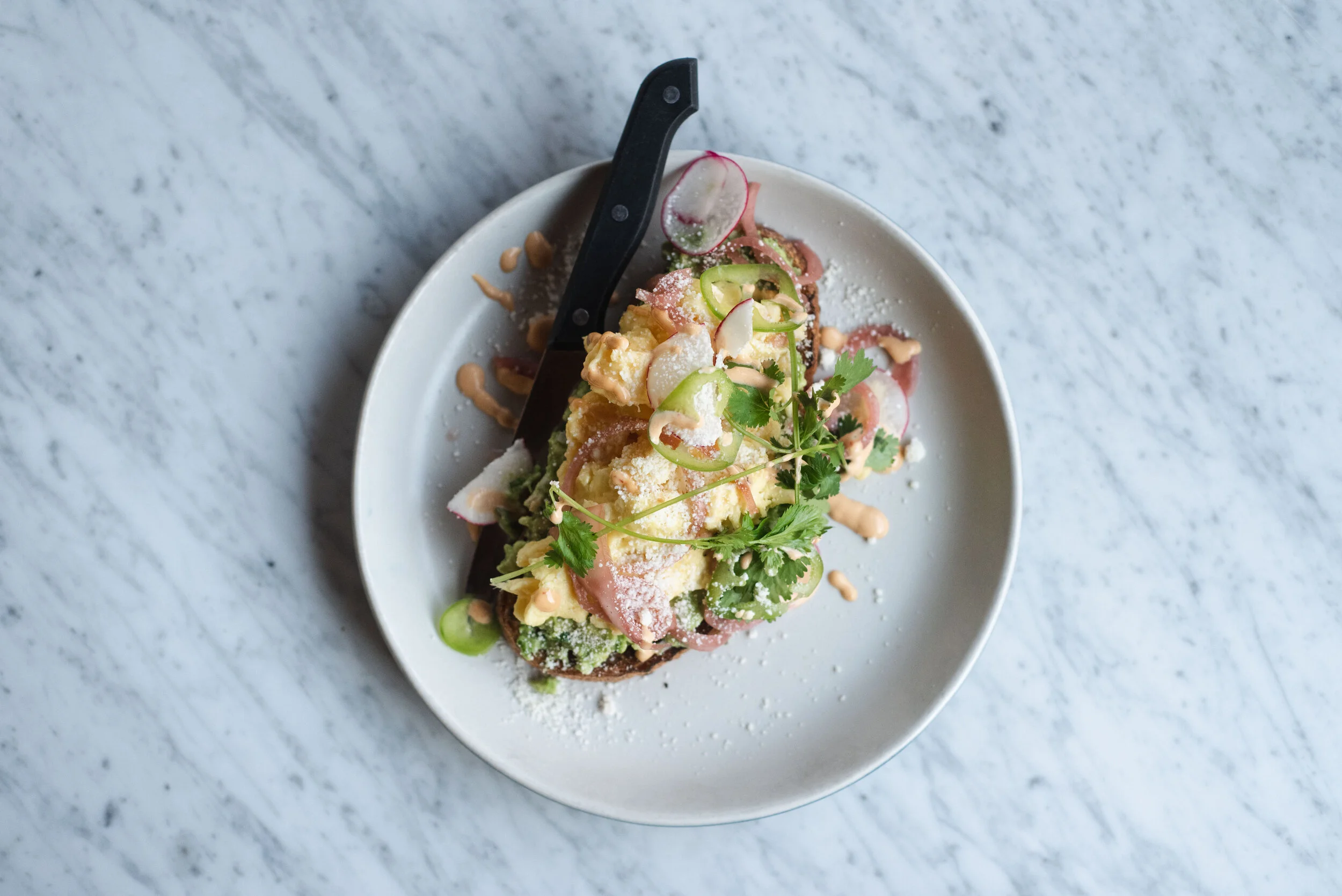 Gourmet avocado toast on thick artisan bread, topped with a poached egg and fresh microgreens..jpg