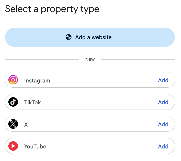 Screenshot from Google Search Console showing the select a property type window with Instagram, TikTok, X, and Youtube