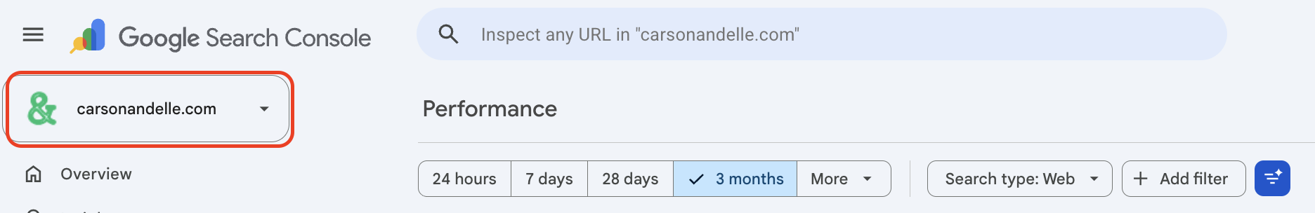 Screen Shot of Google Search Console with a red box around the property drop down.