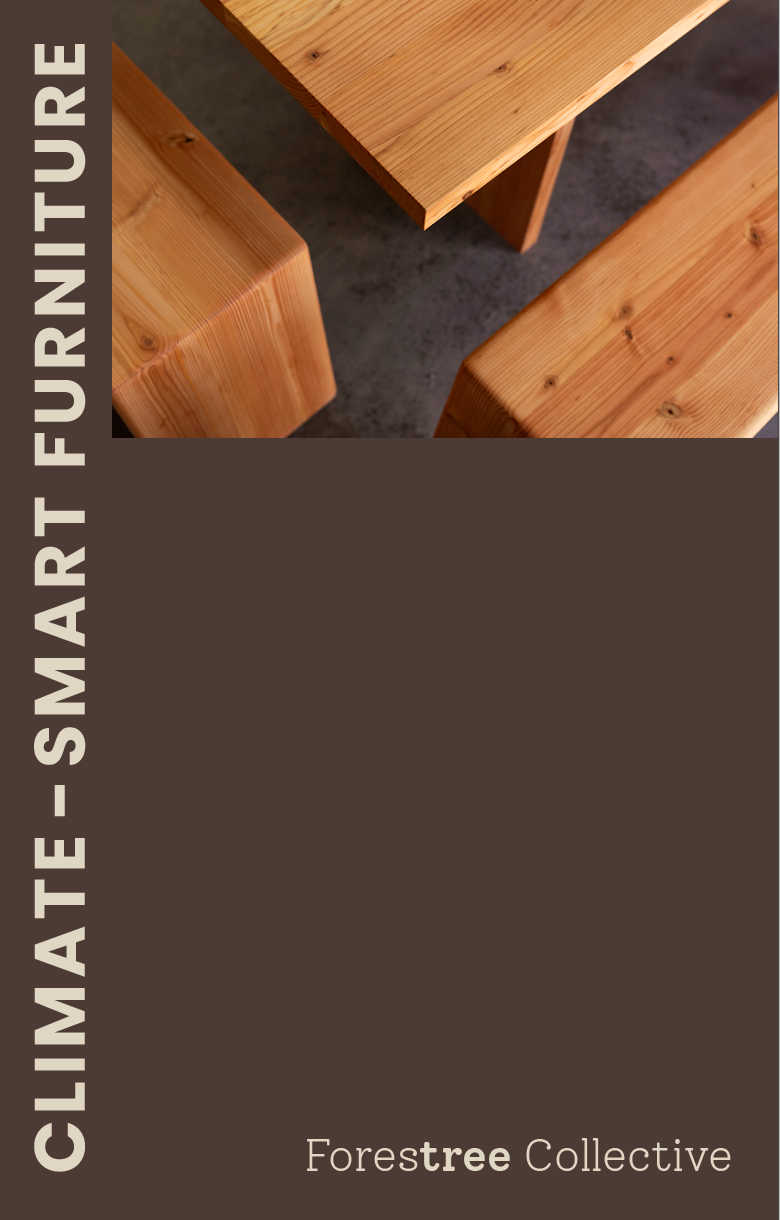 Close-up of wooden furniture pieces, including benches and a table, with a rough concrete floor background. The furniture is made of light-colored, natural wood.