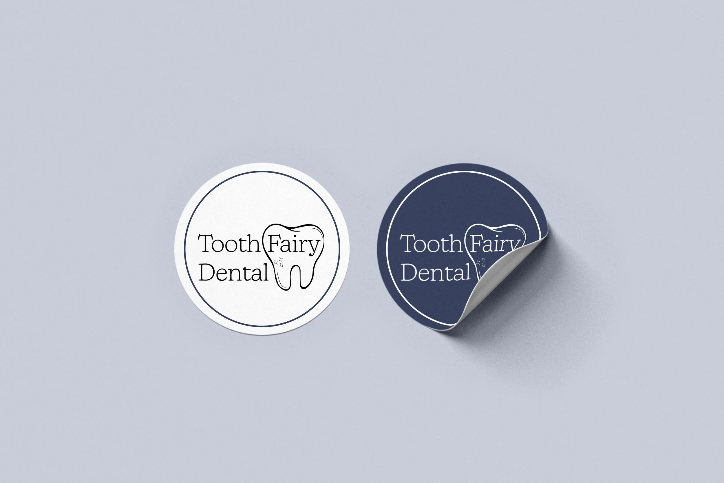 Logo Stickers
“Tooth Fairy Dental round logo sticker designs in white and navy blue, created for versatile branding and marketing materials.”