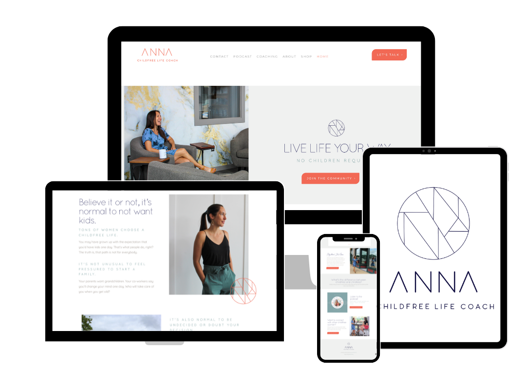 mockup of a wordpress web design, brand design, and brand photography for Anna Olson a life coach based in Decorah, Iowa