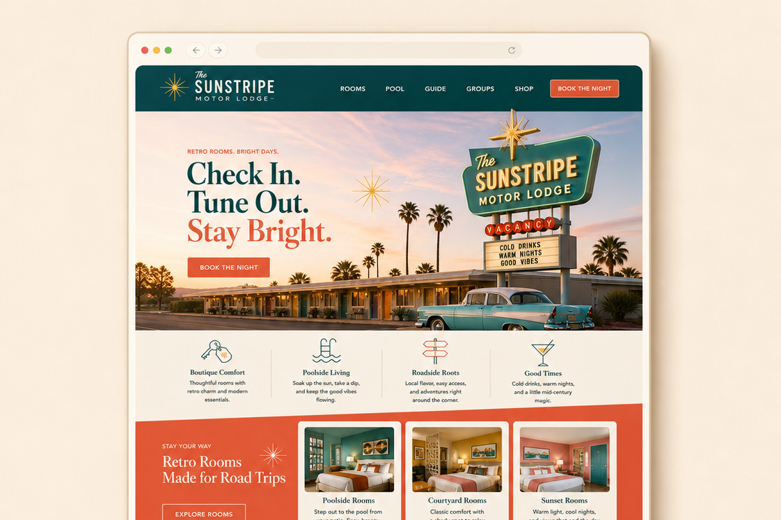Custom hospitality website design featuring a retro-inspired brand style and booking-focused layout.