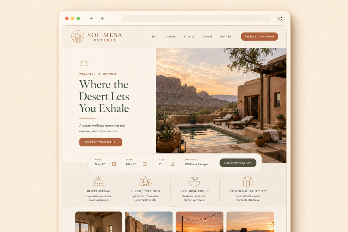 Custom resort website concept featuring warm editorial design and direct-booking focused content.