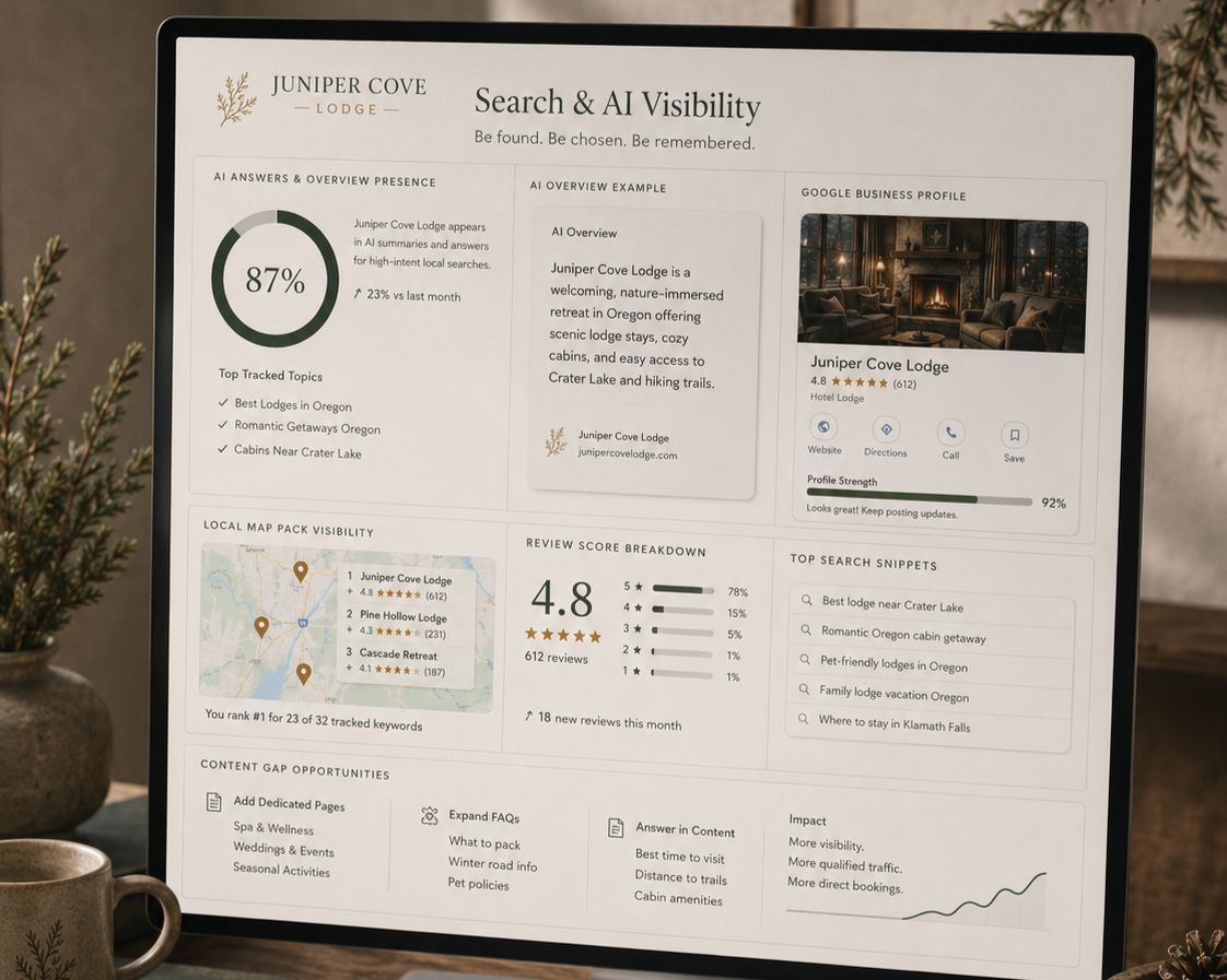 Juniper Cove Lodge Search and AI Visibility Dashboard