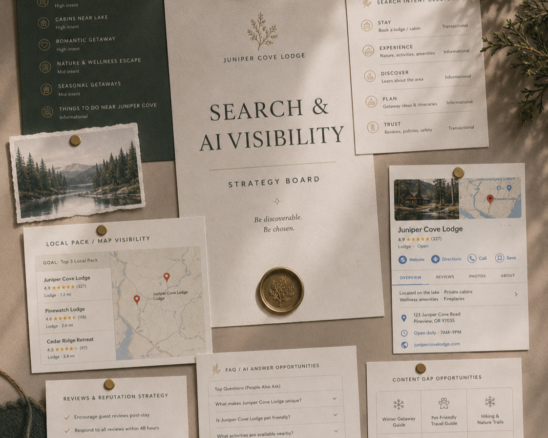 Juniper Cove Lodge Search and AI Visibility Strategy Board