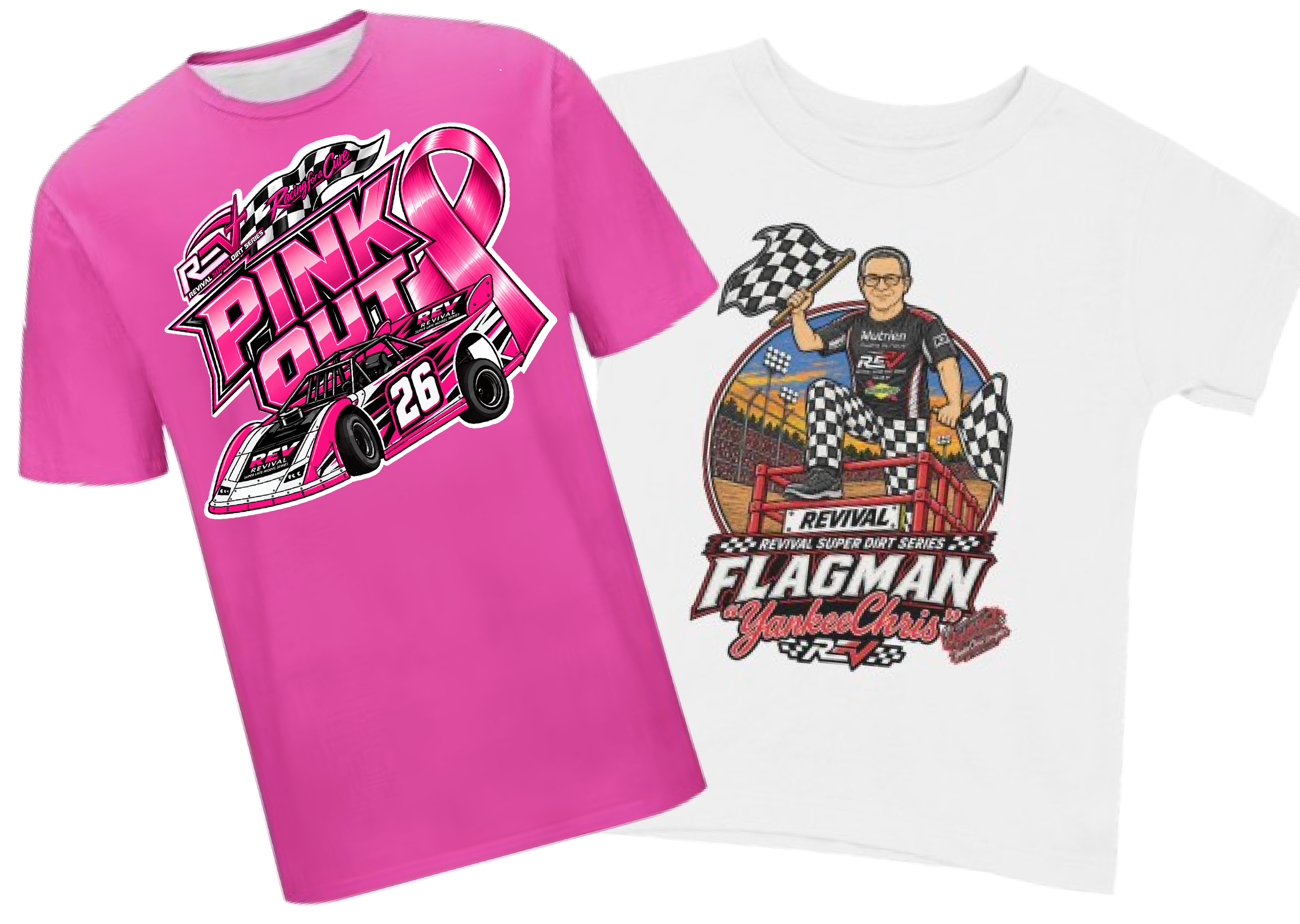 Custom apparel artwork created for racing merchandise, featuring hand-drawn cars, lettering and event graphics.