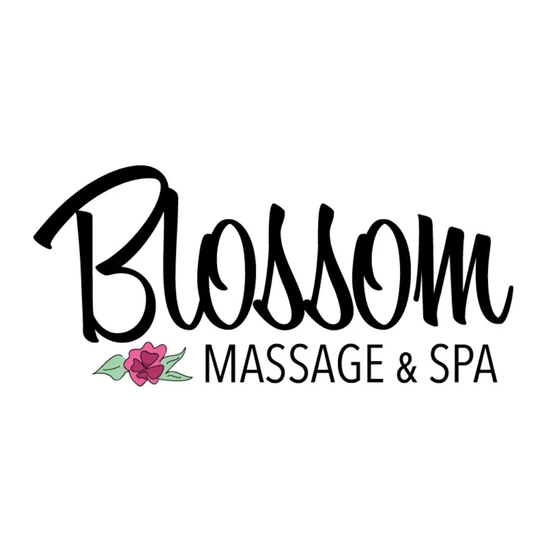 Logo with Floral Accent - Blossom Massage & Spa logo design featuring elegant script typography and a pink floral accent symbolizing relaxation and renewal.
