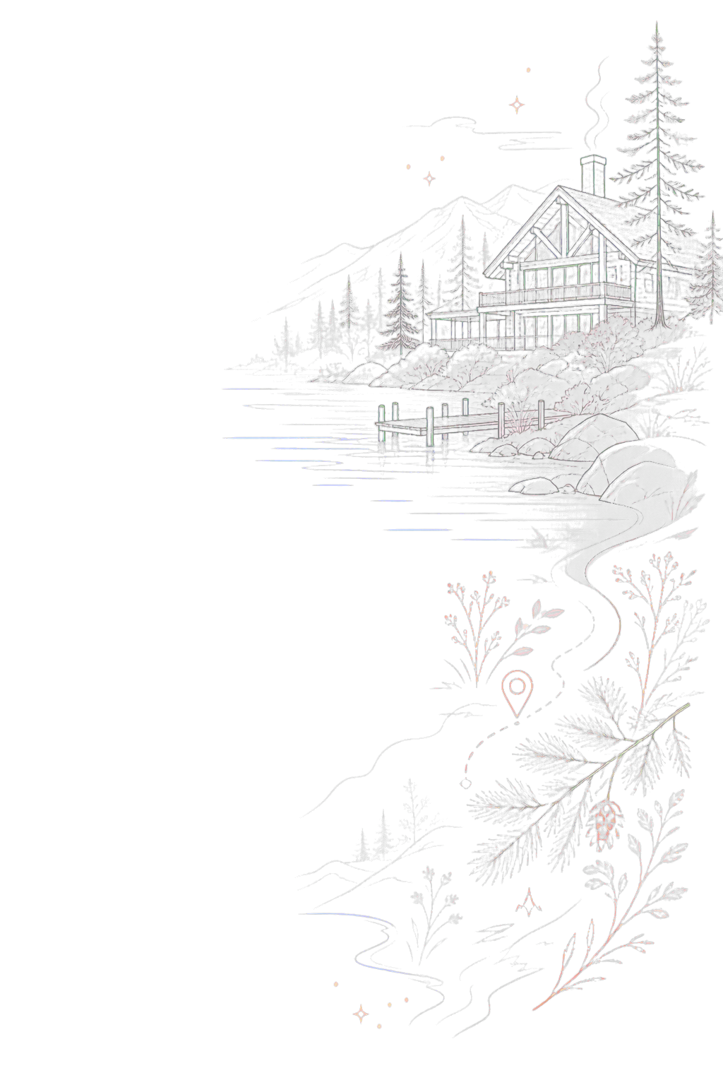 Brightened Season Lodge and Nature Line-Art Illustration