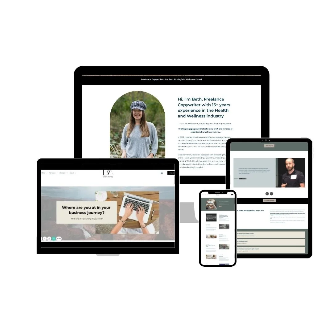 Responsive Squarespace Website Mockup
“Beth Abney Copywriting Squarespace website design displayed on desktop, tablet, and mobile devices with clean, modern layout.”
